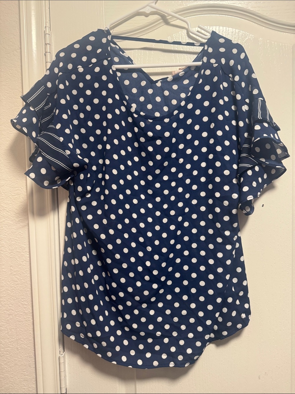 Como Vintage Navy Polka Dot Ruffle Sleeve Women's Top